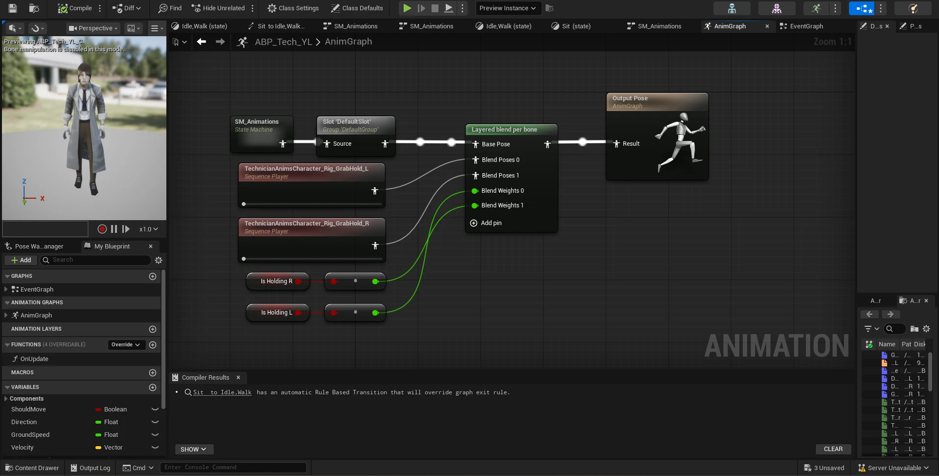 An Unreal anim graph: the state machine and a default montage slot feeding the base pose of a Layered blend per bone node, with two grab-hold sequence players on its blend inputs and boolean weights under them.