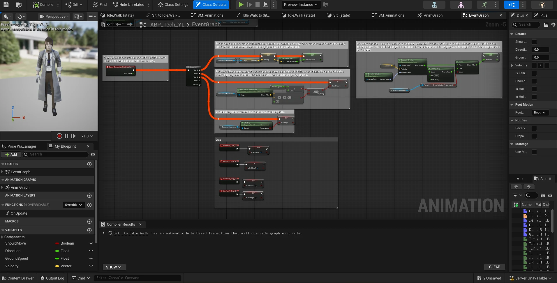 An Unreal animation blueprint event graph in five commented blocks, reading velocity, ground speed, movement input and falling state off the character movement component, with a Grab block below it driven by animation notifies.