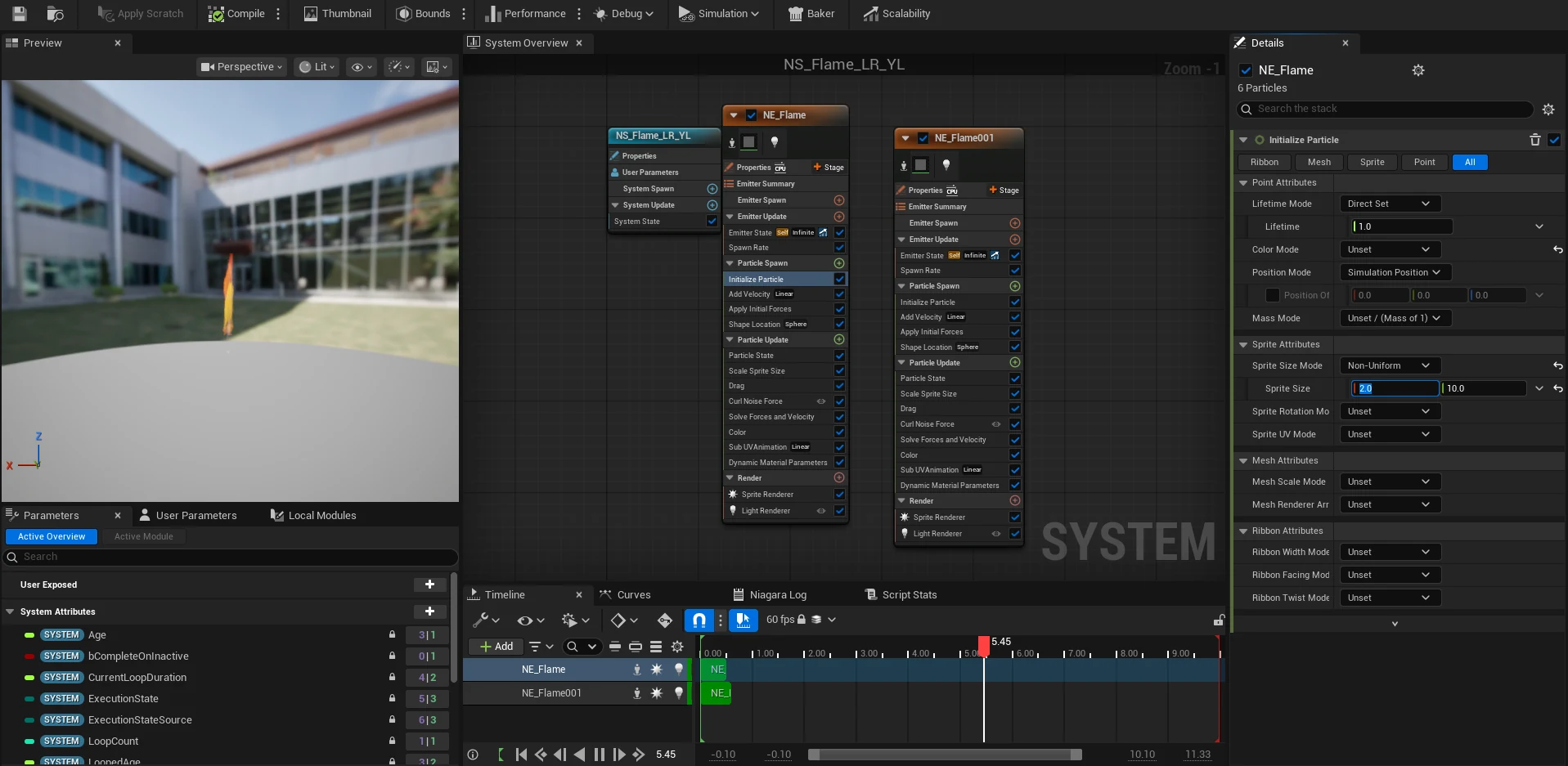 The Niagara editor showing a flame system with two GPU emitters, each carrying curl noise force, drag, sub-UV animation and dynamic material parameters, and both a sprite renderer and a light renderer.