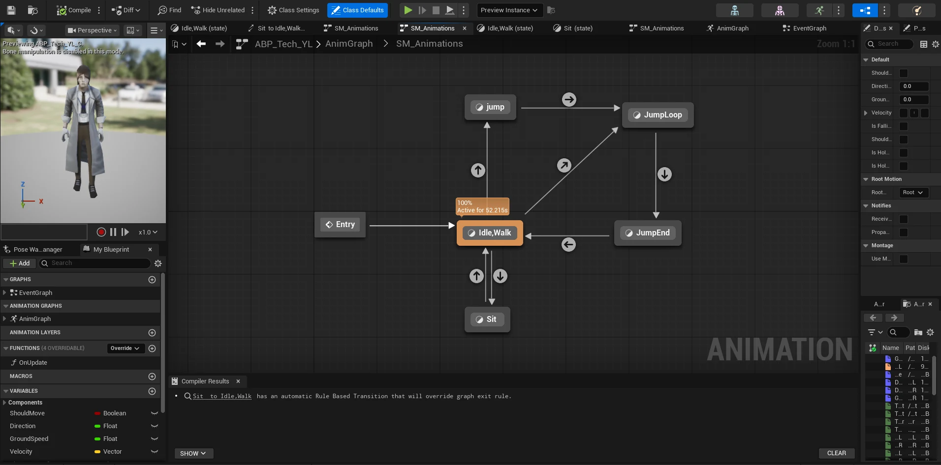 An Unreal animation state machine: Entry into an Idle,Walk state, a two-way transition to Sit, and a one-way run through jump, JumpLoop and JumpEnd back to Idle,Walk.