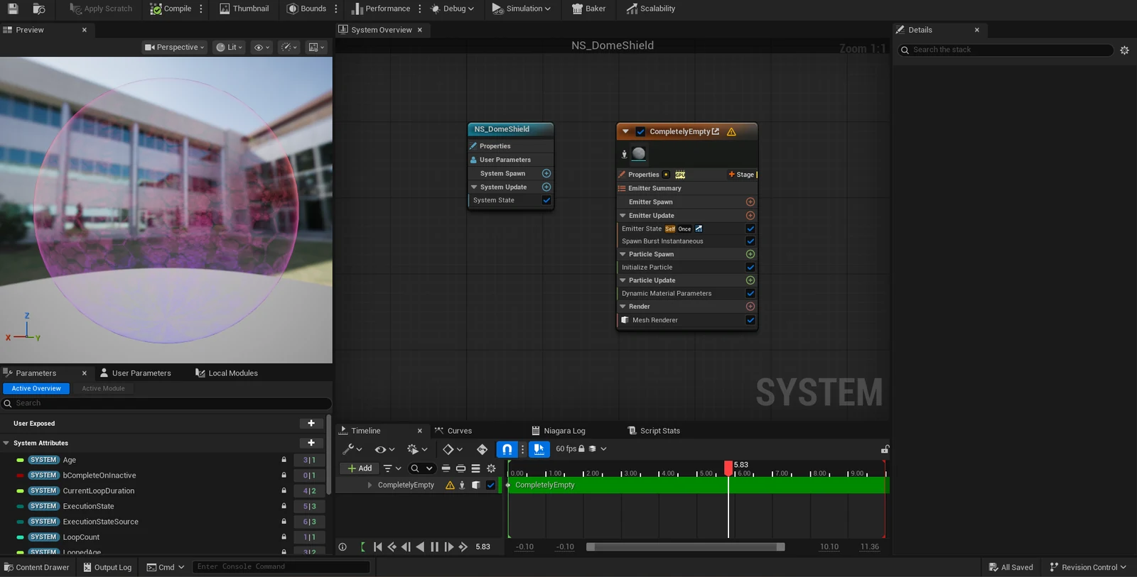 The Niagara editor showing a dome shield system, its emitter stack on the right and a translucent violet dome previewed on the left.