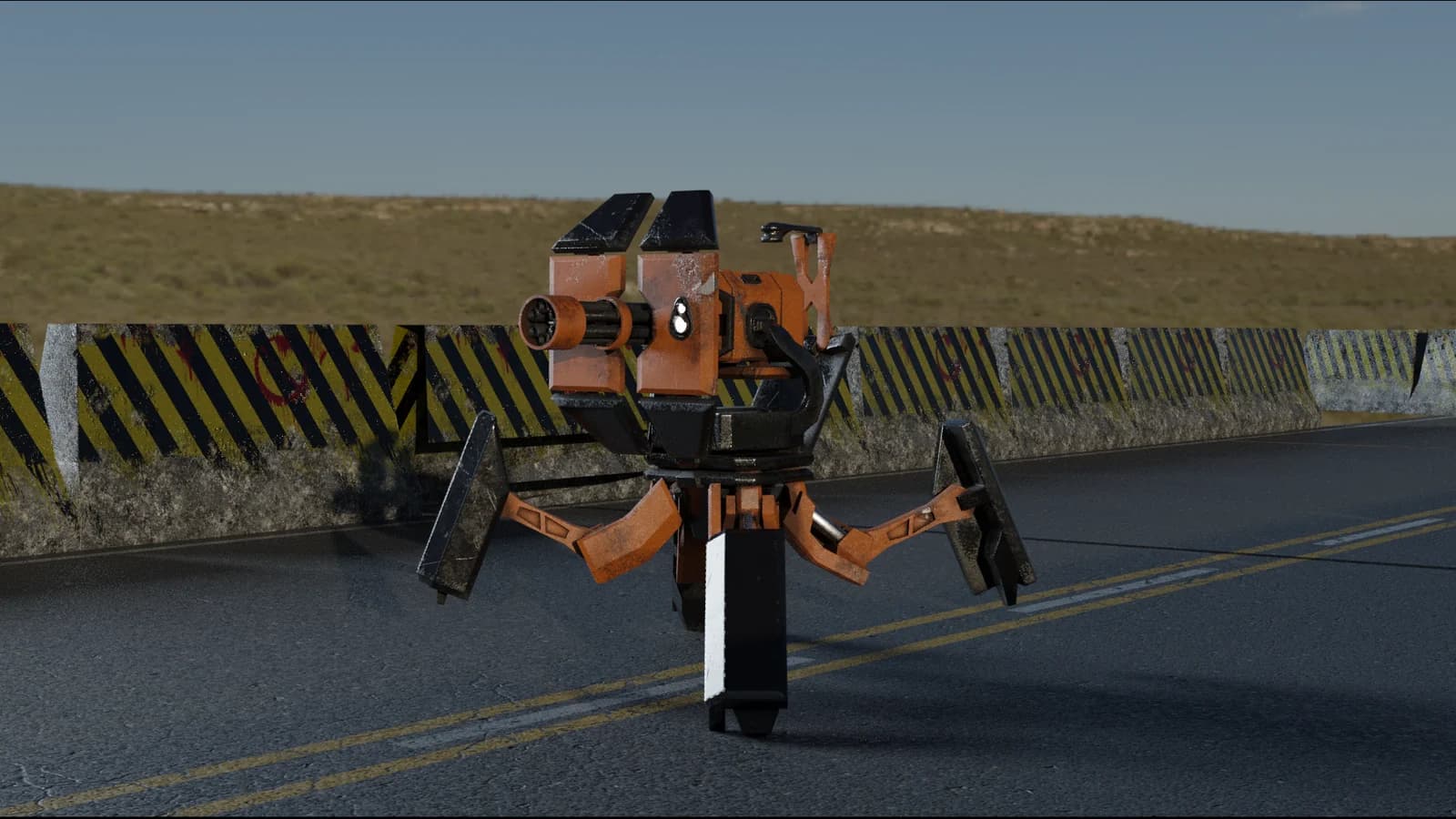 The same frame rendered: the turret in orange and black paint, standing on a road behind a striped barrier.