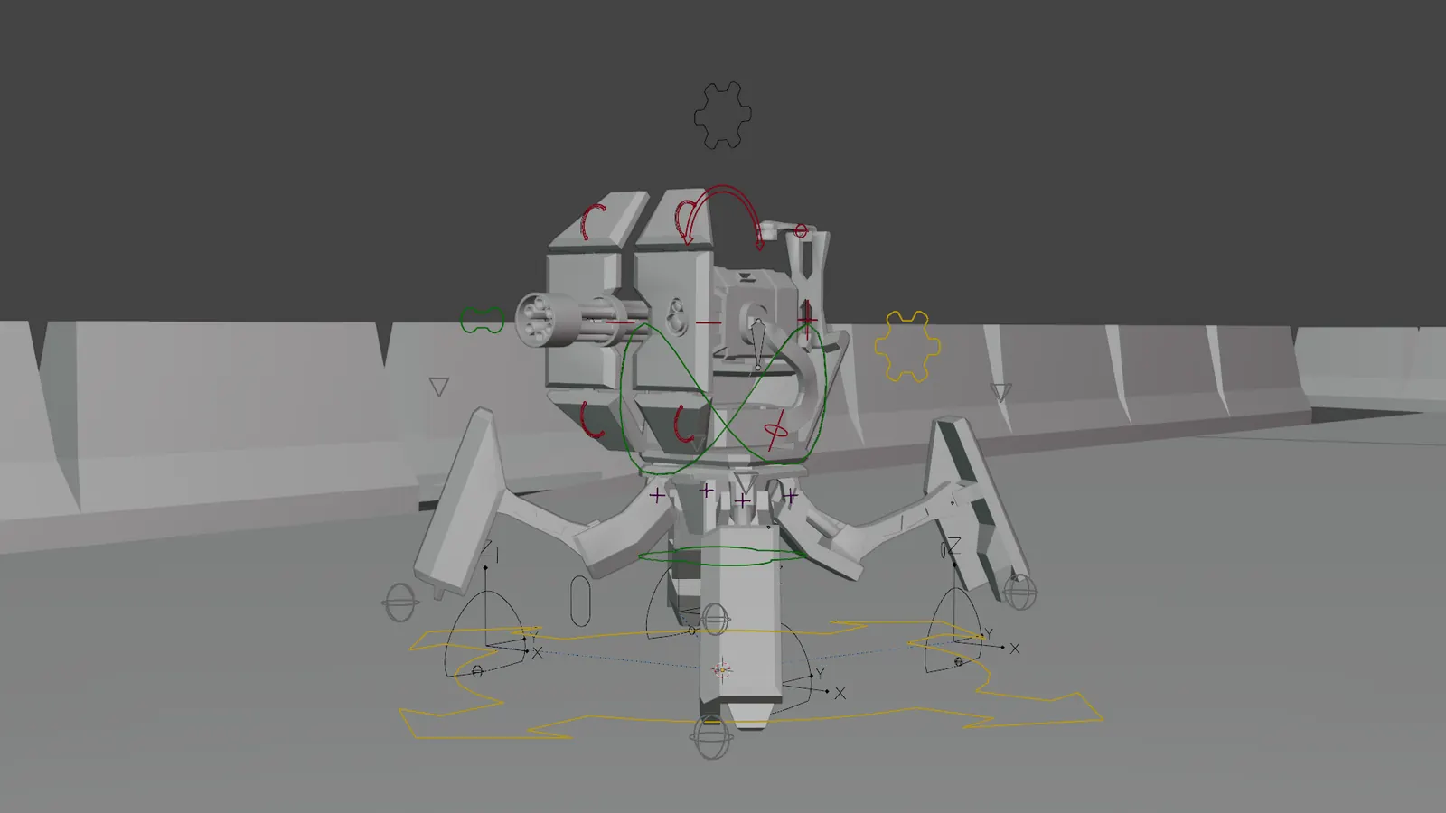 The turret in the Blender viewport, its control curves and bone axes drawn over an untextured model.